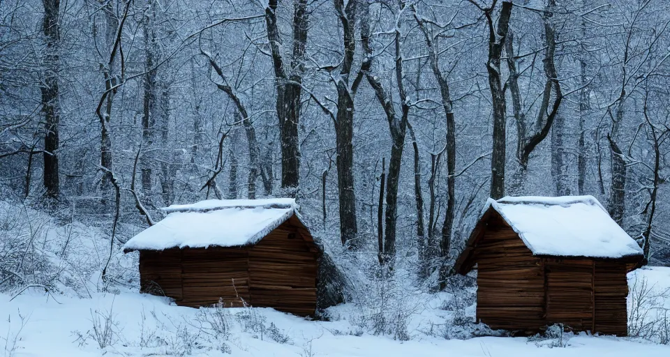 Image similar to a wooden hut at a clearing in the woods, snowy, light inside the hut, realistic, epic composition, epic lighting, 4 k