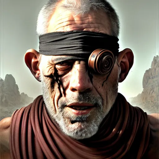 Image similar to portrait painting of a post - apocalyptic older american man blindfolded and wearing monk garbs with a scrap pauldron, ultra realistic, concept art, intricate details, eerie, highly detailed, photorealistic, octane render, 8 k, unreal engine. art by artgerm and greg rutkowski and charlie bowater and magali villeneuve and alphonse mucha