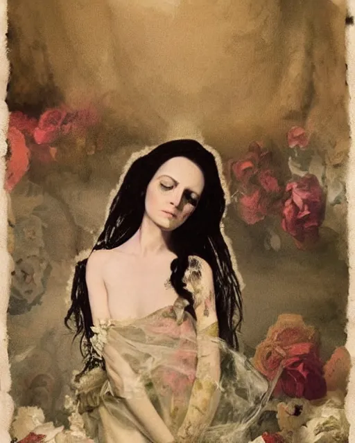 Image similar to a beautiful and eerie baroque painting of a beautiful but serious woman in layers of fear, in dead space, with haunted eyes and dark hair, 1 9 7 0 s, seventies, floral wallpaper, wilted flowers, a little blood, morning light showing injuries, delicate embellishments, painterly, offset printing technique, by robert henri, walter popp, alan lee