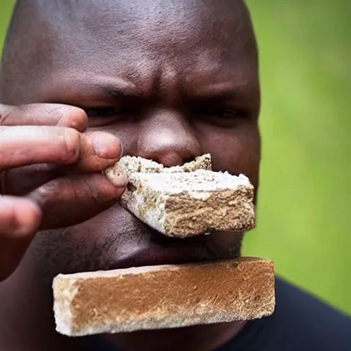 Prompt: “ this guy is swallowing a whole brick ”