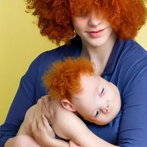 Image similar to a beautiful pale woman with orange hair holding both a curly headed baby boy and also a brown poodle, abstract