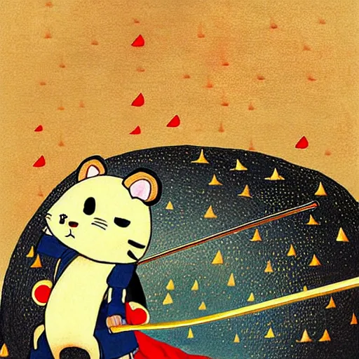 Image similar to japanese hamster samurai. with long sword. anime art. painting. rain of meteors on background