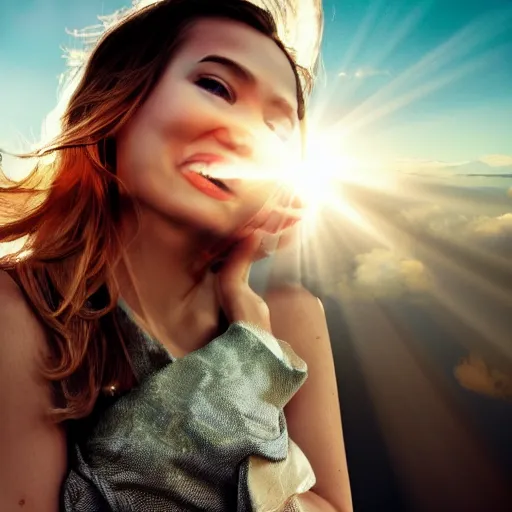 Prompt: sci - fi, morning, smiling fashion model sun face, cinematic, clouds, sun rays, vogue cover style, photo realistic