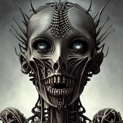 Prompt: a portrait of a beautiful biomechanical goddess of death, horror concept art by giger and beksinski and szukalski and wlop and pete mohrbacher, digital art, highly detailed, intricate, sci-fi, sharp focus, Trending on Artstation HQ, deviantart, unreal engine 5, 4K UHD image