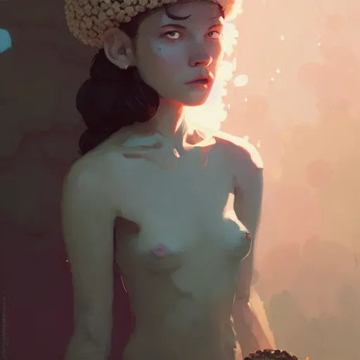 Image similar to portrait of the mushroom goddess by atey ghailan, by greg rutkowski, by simon stalenhag, by greg tocchini, by james gilleard, by joe fenton, by kaethe butcher dynamic lighting, gradient light blue, brown, blonde cream and white color scheme, grunge aesthetic