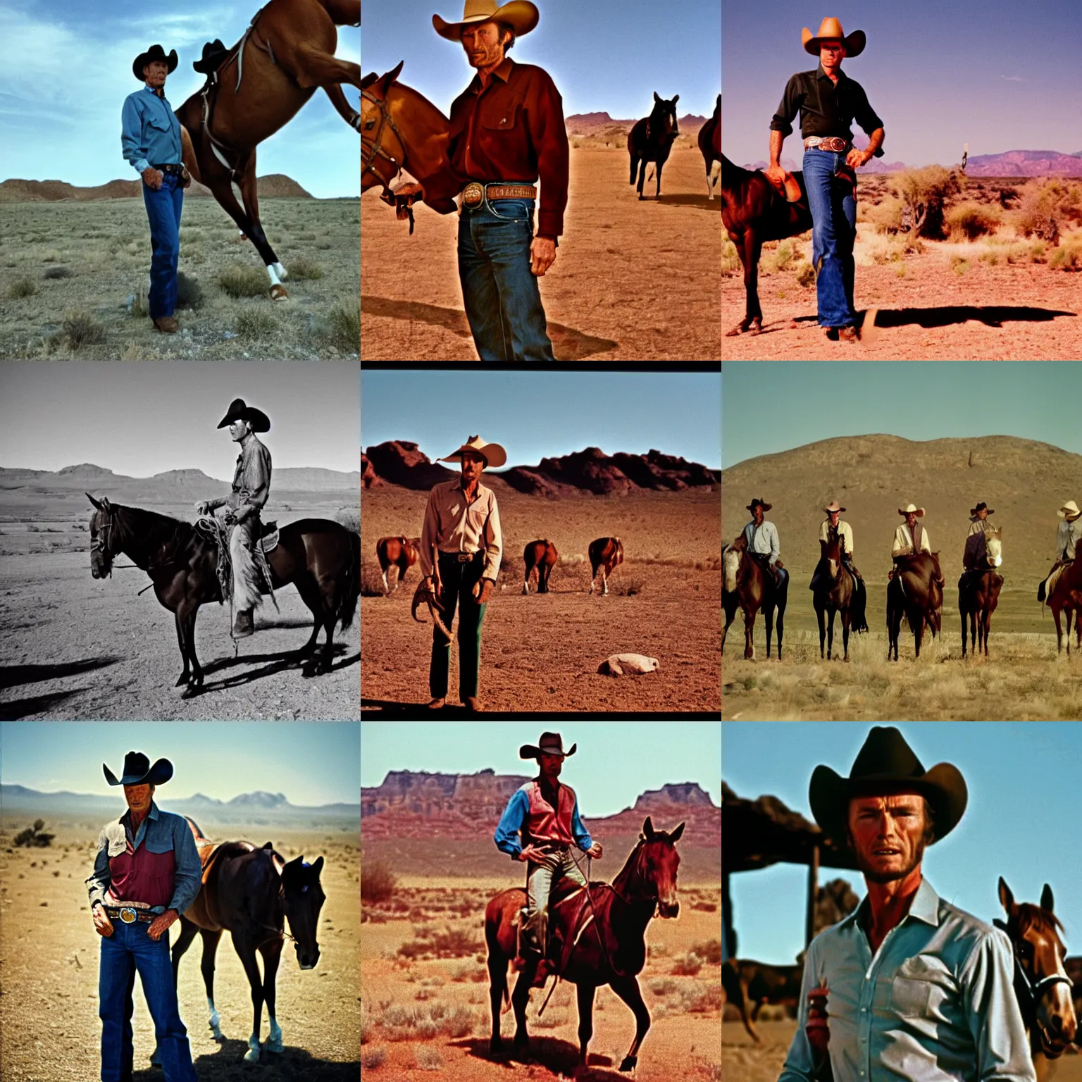 Prompt: wide angle shot in color from 1 9 6 9 of clint eastwood as a cowboy, standing with hands on colts. desert in the background. cinematic, 5 0 mm lens