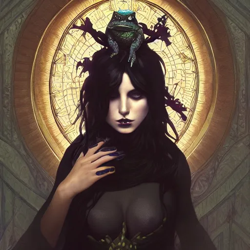 Image similar to attractive goth woman with a frog, intricate, highly detailed, digital painting, artstation, concept art, smooth, sharp focus, illustration, unreal engine 5, 8 k, art by artgerm and greg rutkowski and alphonse mucha