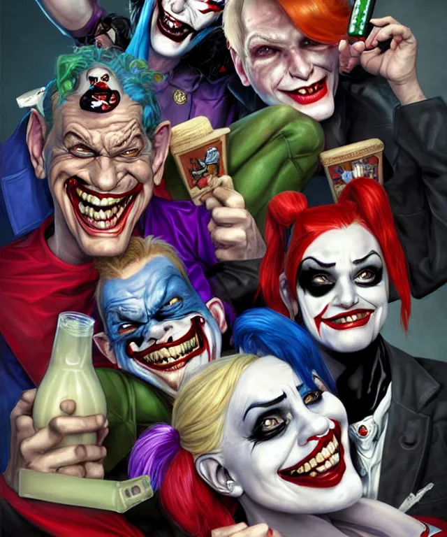 Image similar to Caricatures of Harley Quinn, Heath Ledgers Joker and Batman, playing video games on a couch together, Harley Quinn is winning, mum brings in milk and cookies. fun, funny, highly detailed, digital painting, artstation, concept art, smooth, sharp focus, illustration, art by artgerm and greg rutkowski and alphonse mucha