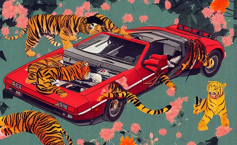 Image similar to a red delorean and yellow tiger, art by hsiao - ron cheng & utagawa kunisada in magazine collage style,