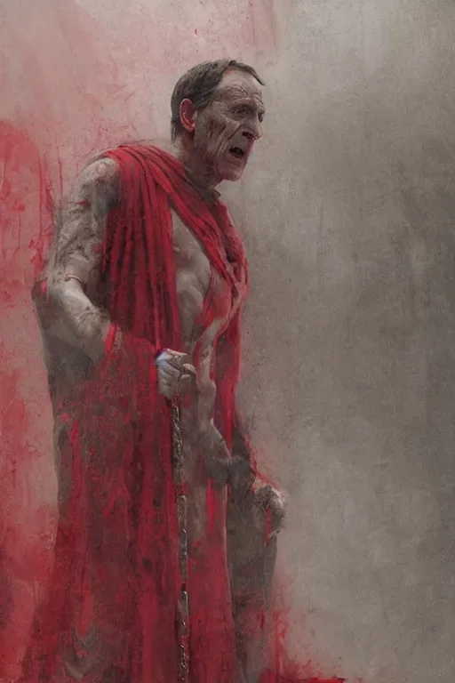 Image similar to the end is near. a tired julius caesar is sitting on his throne. face is highly detailed. splices of red are running down his toga. mist. color scheme red. low angle medium shot. imagined by jeremy lipking and greg rutkowski