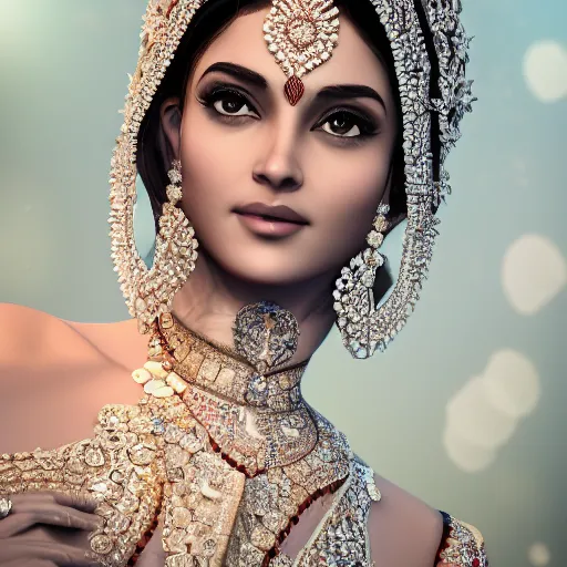 Image similar to portrait of wonderful hindi princess of white diamonds with fair skin, white flowers, ornate with white diamonds, 8 k, gorgeous, intricate, detailed, glowing white accent lighting, dramatic lighting, octane render