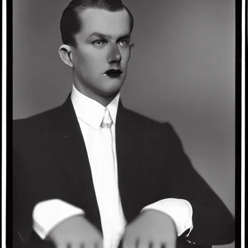 Image similar to a black and white photo of a man in a suit and tie, a colorized photo by george hurrell, dribble, vorticism, 1 9 2 0 s, studio portrait, handsome