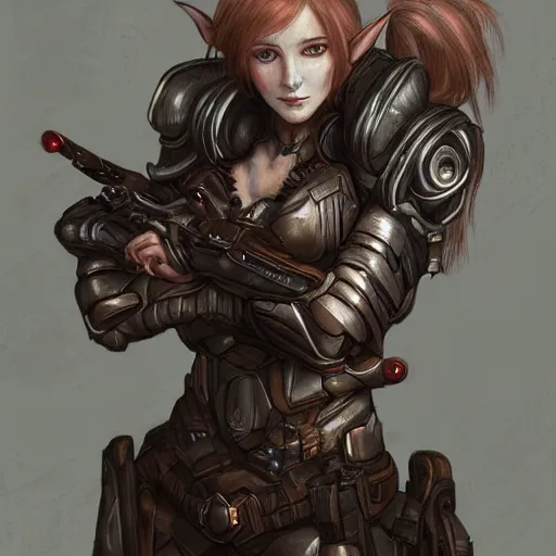 Image similar to portrait of a female elf orc by ayami kojima, she is about 2 0 years old, american pretty, copper hair, annoying but friendly, she is wearing a modern tactical gear, scifi, highly detailed portrait, digital painting, artstation, concept art, smooth, sharp foccus ilustration, artstation hq