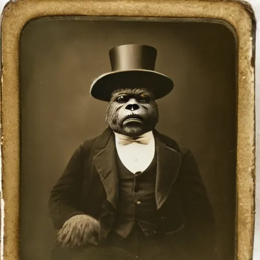 Image similar to a vintage wet plate portrait of a dignified bigfoot with a top hat and cane, extremely detailed, by james van der zee!!!!!!!!!!!!!!!!!!