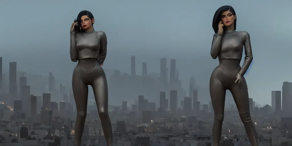 Image similar to cinematic wide angle view of a dystopian kylie jenner statue in the middle of los angeles being worshipped by shadow figures, orwellian, by neil blevins, high detail, digital art, pop art style, death stranding art style, cinematic lighting, artstation, cgsociety, unreal engine 5 render, octane render, 3 5 mm film grain