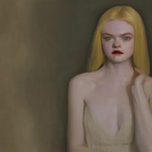 Image similar to vampire Elle Fanning in black robes at night in the world of Edward Hopper, cult, occult, ghosts, extremely detailed masterpiece, oil on canvas, low-key neon lighting, artstation, Blade Runner 2049, Roger Deakin’s cinematography, by J. C. Leyendecker and Peter Paul Rubens,