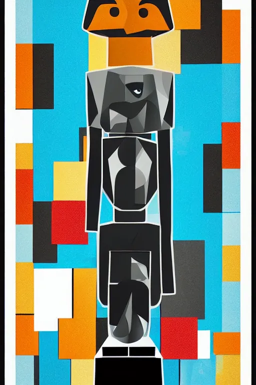 Image similar to cubist moai statue cutout digital illustration cartoon colorful beeple