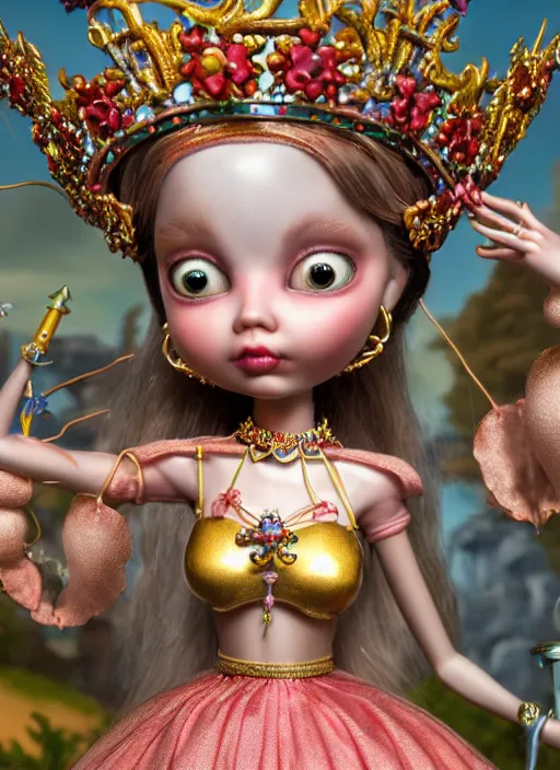 Image similar to highly detailed closeup, profile portrait of a tin toy fairytale princess wearing a crown, bikini, unreal engine, nicoletta ceccoli, mark ryden, earl norem, lostfish, global illumination, detailed and intricate environment