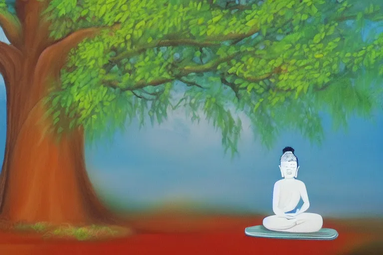 Image similar to painting of a peaceful buddha meditating under a tree, acrylic art, calm, soothing, cosy, elegant, soft light,