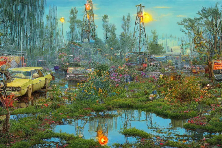 Image similar to oil painting, super - detailed scene akira, twilight junkyard, louisiana swamps, indigo blooming flowers garden, japanese sci - fi books art, artwork by jean giraud, hd, 4 k, high quality