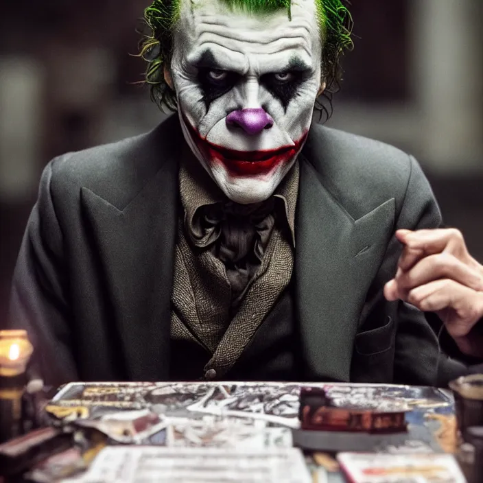 Image similar to the joker william dafoe, by greg rutkowski, canon eos c 3 0 0, ƒ 1. 8, 3 5 mm, 8 k, medium - format print