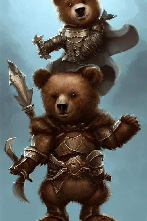 Image similar to cute little anthropomorphic bear knight wearing a cape and a crown, tiny, small, miniature bear, baby animal, short, pale blue armor, cute and adorable, pretty, beautiful, DnD character art portrait, matte fantasy painting, DeviantArt Artstation, by Jason Felix by Steve Argyle by Tyler Jacobson by Peter Mohrbacher, cinematic lighting