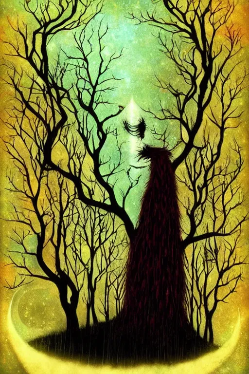 Image similar to surreal, fantasy, fairytale animals, haunted woods in silhouettes, by andy kehoe