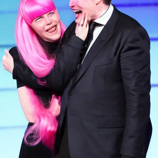 Image similar to elon musk with a pink wig laughing at sad emma watson