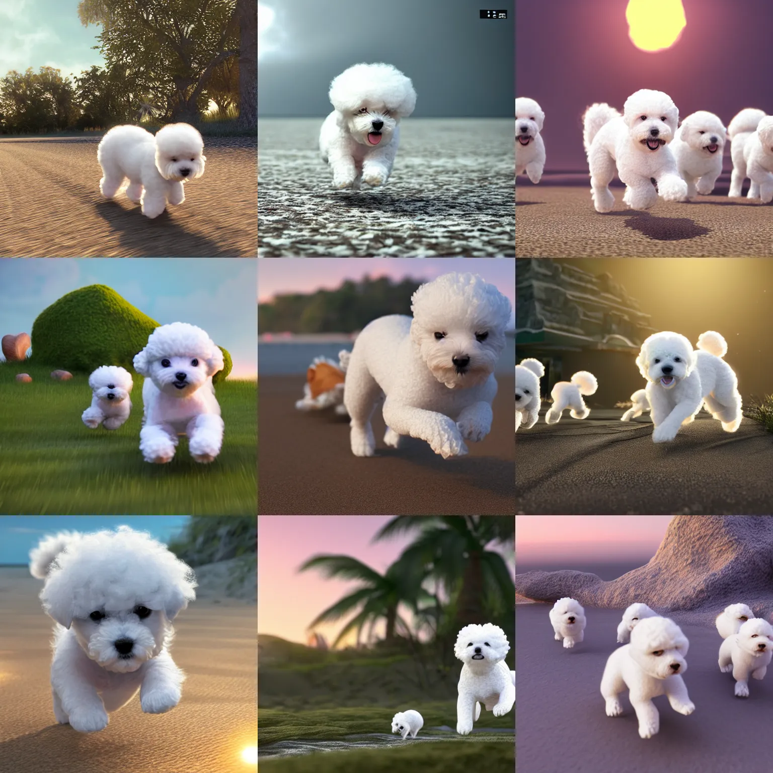 Prompt: a photorealistic image of a knitted white bichon puppy chasing a group of squirrels during sunset at the beach Trending on artstation, featured on Behance, well-rendered, Unreal Engine, 4K HD