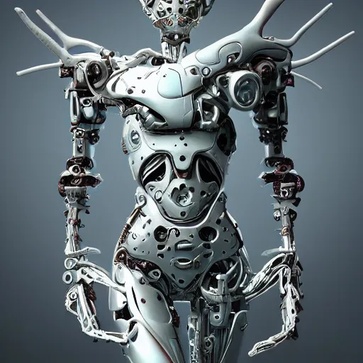 Prompt: biomechanical eva elfie extremely beautiful, chimeric organism, pale skin, organic steel, full frontal, portrait, highly detailed, transhumanist, symmetrical, mechanical, anatomical, mendelbrot fractal, ray tracing, hyperdetailed, hyperrealistic, trending on artstation, oppai cyberpunk, octane render, hdr, uhd 4k