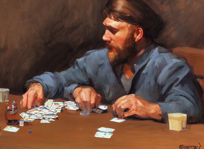 Image similar to a highly detailed beautiful portrait of a grizzly playing poker, by gregory manchess, james gurney, james jean