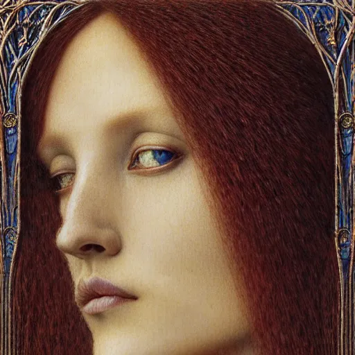 Image similar to detailed realistic beautiful young medieval queen face portrait by jean delville, gustave dore, iris van herpen and marco mazzoni, art nouveau, symbolist, visionary, gothic, pre - raphaelite