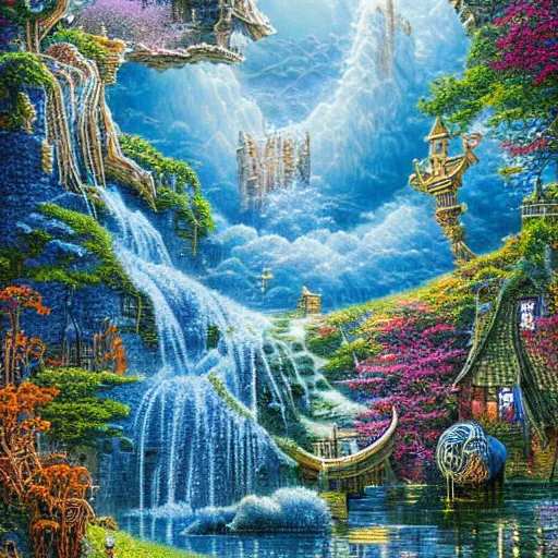 Prompt: ' waters of beyond ', visionary insanely detailed intricate and beautiful stunning winning art, trending top art, masterpiece by arthur adams, thomas kinkade, igor zenin, gilbert williams, bruce pennington, martin johnson heade, andreas franke, andreas achenbach, yoshitaka amano, guy billout, artur bordello, michael cheval