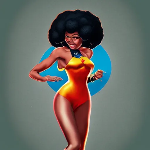 Prompt: black female astronaut with a celestial afro pin-up style by Artgerm, realist, trending on artstation
