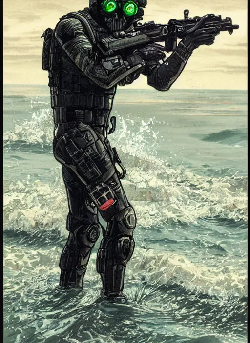Image similar to the punisher. USN blackops operator emerging from water at the shoreline. Operator wearing Futuristic cyberpunk tactical wetsuit and looking at an abandoned shipyard. Frogtrooper. rb6s, MGS, and splinter cell Concept art by James Gurney, Alphonso Mucha. Vivid color scheme.