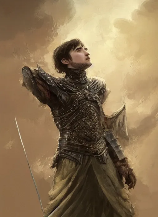 Image similar to a professional painting of Isaac Hempstead-Wright as King, clothed in ethereal armor, olive skin, long dark hair, beautiful bone structure, symmetrical facial features, intricate, elegant, digital painting, concept art, smooth, sharp focus, illustration, from Game of thrones, by Ruan Jia and Mandy Jurgens and Artgerm and William-Adolphe Bouguerea