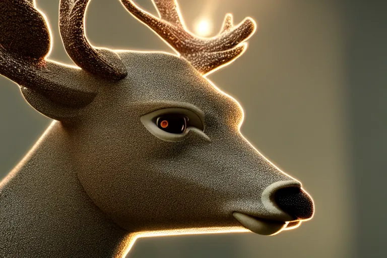 Prompt: a close up of the head of a laser-eyed deer, background of a landscape misty forest scene, the sun glistening through the trees, hyper realistic photograph, octane render 8k, trending on artstation, unreal engine