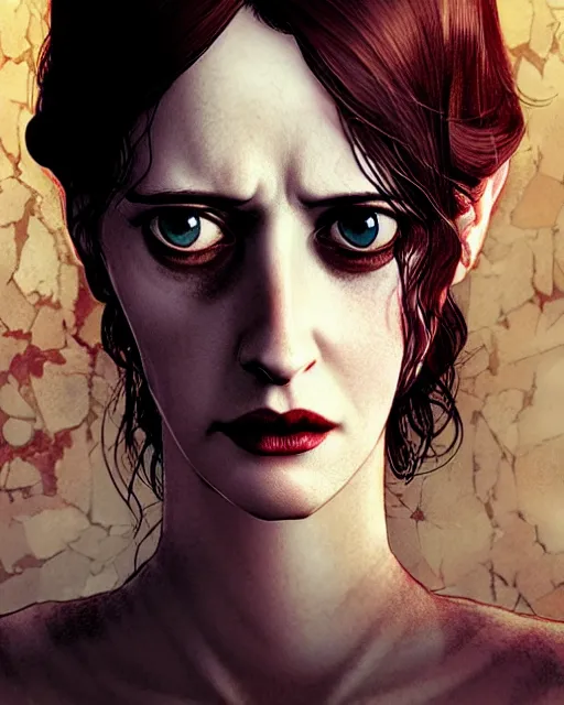 Image similar to character portrait of eva green with gorgeous detailed eyes in the castle, color page, tankoban, 4 k, tone mapping, doll, akihiko yoshida, james jean andrei riabovitchev marc simonetti, yoshitaka amano, short neck