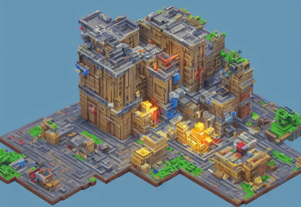 Image similar to a single giant isometric voxel art building , cinematic lighting, 4k