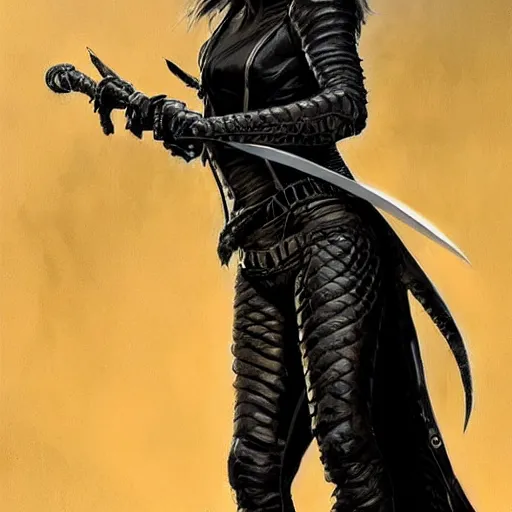 Image similar to reflective black-scaled thin DnD lizardborn wearing a biker jacket and holding a scimitar, DnD Character, Oil Painting, Greg Rutkowski, beautiful portrait, trending on artstation, character, smug