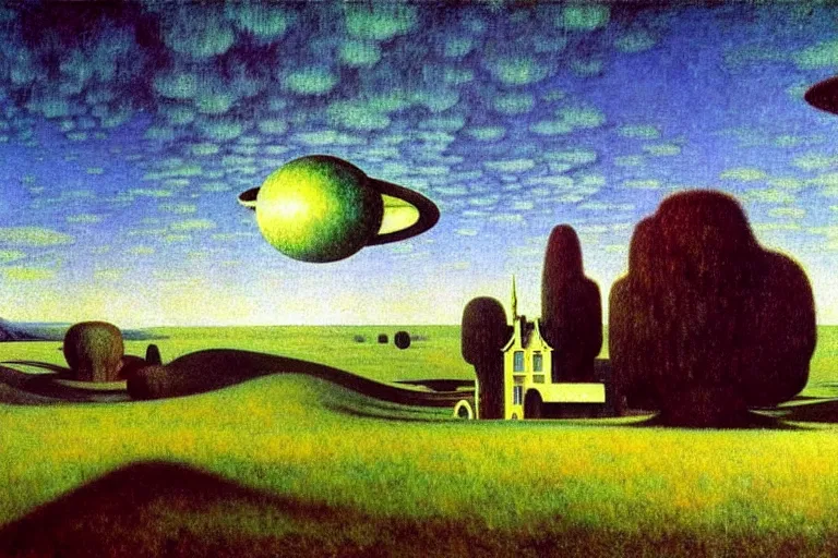 Image similar to realistic detailed landscape painting a single edward hopper house in a plain field, single ufo in the sky, futuristic sci-fi forest on background by Jean Delville, Amano, Yves Tanguy, Alphonse Mucha, Ernst Haeckel, Edward Robert Hughes, Roger Dean, rich moody colours, blue eyes