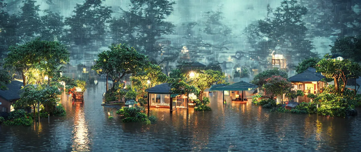 Prompt: carriership landing on raining night at flooded miniature city, emotion is on the rise on the town, cute style garden, octane render, trees, evergreen, patio, garden, wet atmosphere, tender, soft light misty yoshitaka amano, and artgerm, pixel art