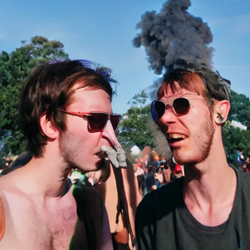 Prompt: two tall lenky guys getting very high on weed while smoking a joint at a festival