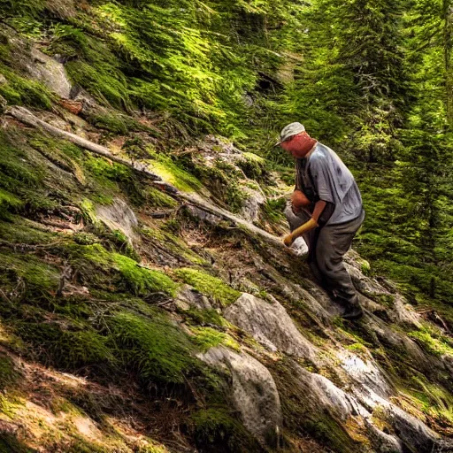 Image similar to man hunting for quartz on a steep hillside covered by dense trees with shafts of light. photo realistic.