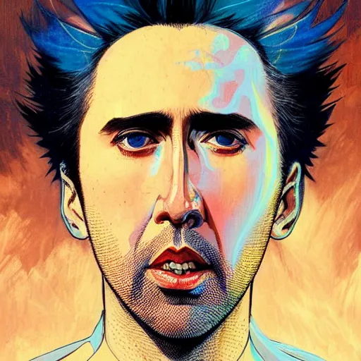 Image similar to prompt : blue nicolas cage illustration portrait soft light painted by james jean and katsuhiro otomo and erik jones, inspired by evangeleon anime, smooth face feature, intricate oil painting, high detail illustration, sharp high detail, manga and anime 1 9 9 9
