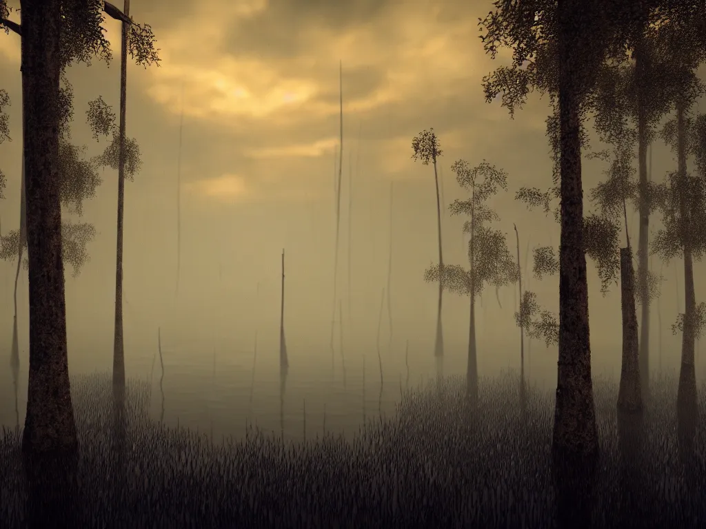 Prompt: photograph of a swamp at dusk, Photorealism, hyper-realism, haunting, abyssal, gloomy, dramatic lighting, cinematic atmosphere, octane render,