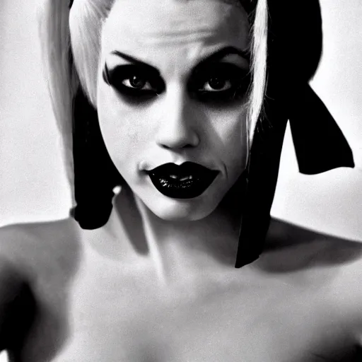 Image similar to Harley Quinn, realistic, portrait, black and white photography, 1960