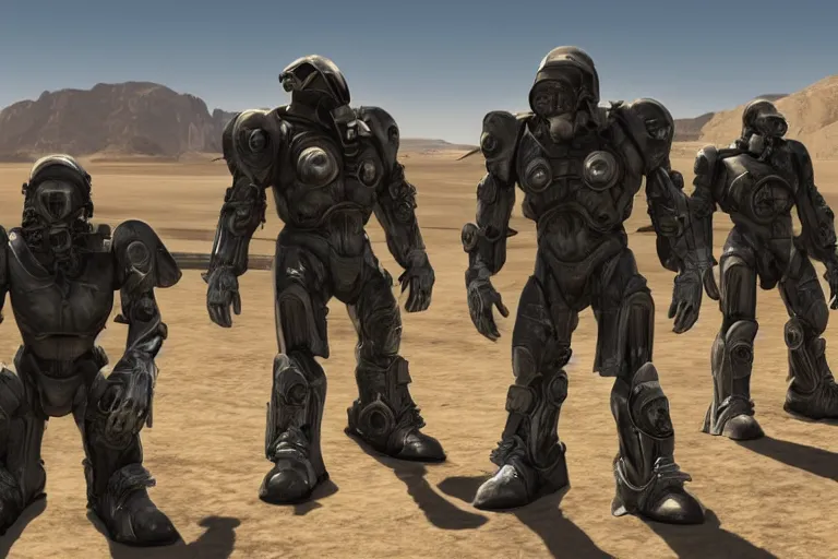 Image similar to a brotherhood of steel fighter in power armor in the desert near a closed hangar, small ripples in the air from the heat, glare from the sun on metal surfaces, realistic proportions, unreal engine style
