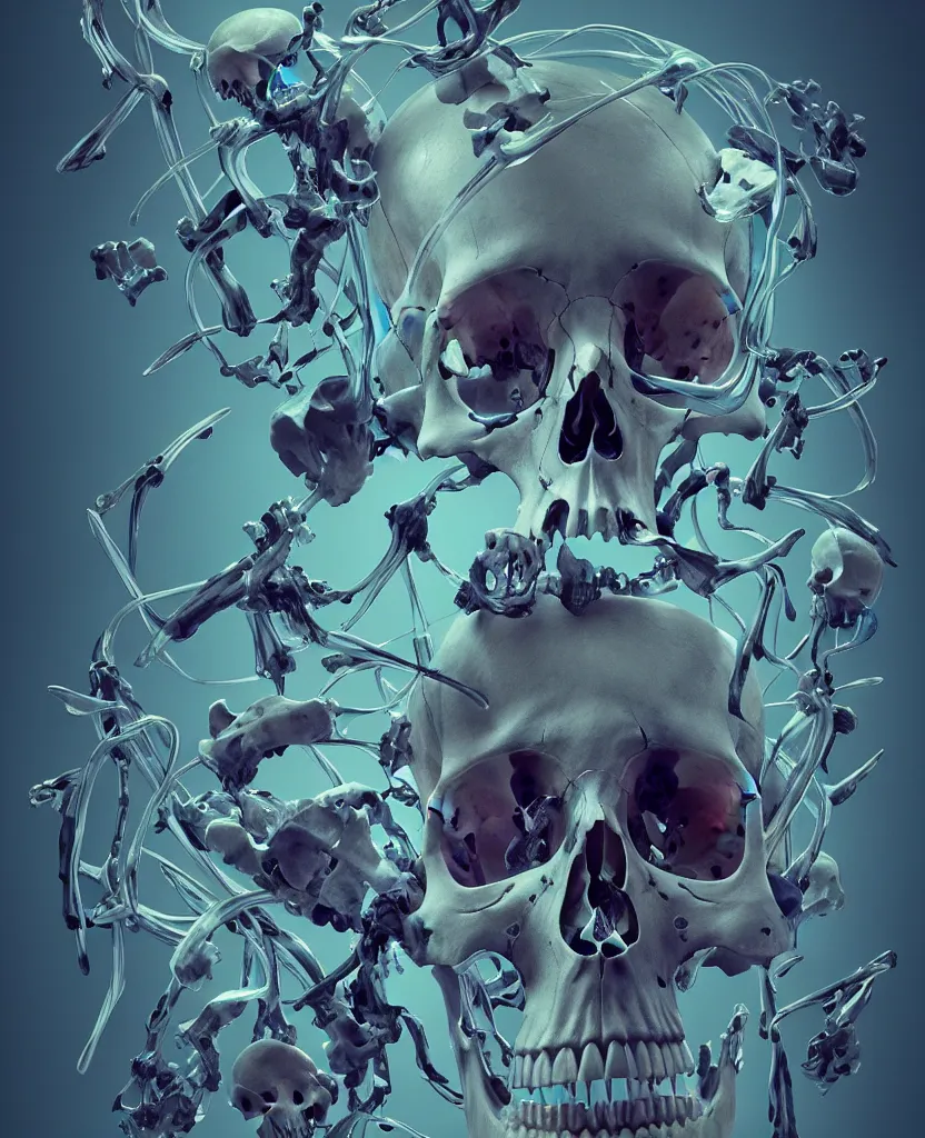 Image similar to composition of human skulls, animals skulls, bones, rib-cage and orchids, bioluminiscent, by Tooth Wu and wlop and beeple. octane render, trending on artstation, greg rutkowski very coherent symmetrical artwork. cinematic, hyper realism, high detail, octane render, 8k