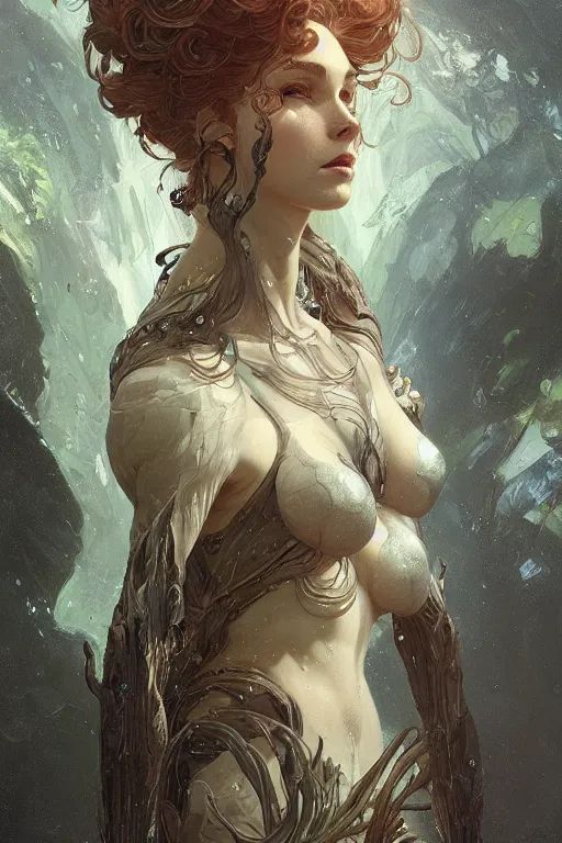 Prompt: A full portrait of a scifi nordic dryad, intricate, elegant, highly detailed, digital painting, artstation, concept art, smooth, sharp focus, illustration, art by Krenz Cushart and Artem Demura and alphonse mucha